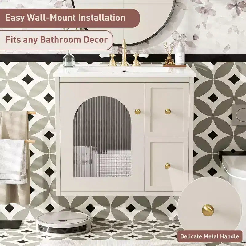 Wall Mounted Bathroom Vanity Set, Modern Bathroom Cabinet with Ceramic Sink, 2 Drawers and 1 Soft-Close Door, Glass-Door Cabinet Beige