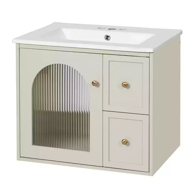 Wall Mounted Bathroom Vanity Set, Modern Bathroom Cabinet with Ceramic Sink, 2 Drawers and 1 Soft-Close Door, Glass-Door Cabinet Beige