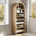 71-Inch Tall Arched Shoe Storage Cabinet, 7-Tier Adjustable Shelf Organizer, Freestanding Shoe Rack for Hallway Entry Living Room, Oak Finish