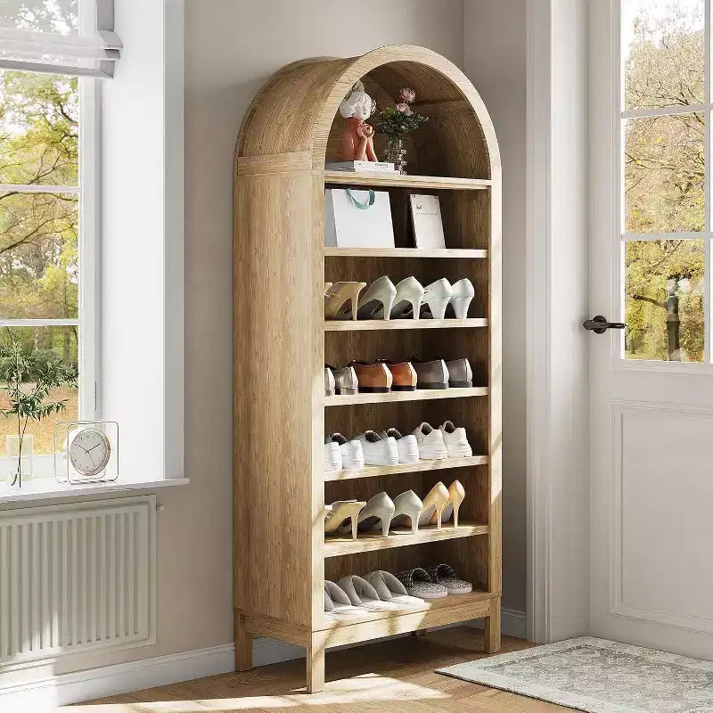 71-Inch Tall Arched Shoe Storage Cabinet, 7-Tier Adjustable Shelf Organizer, Freestanding Shoe Rack for Hallway Entry Living Room, Oak Finish