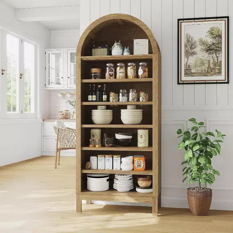 71-Inch Tall Arched Shoe Storage Cabinet, 7-Tier Adjustable Shelf Organizer, Freestanding Shoe Rack for Hallway Entry Living Room, Oak Finish