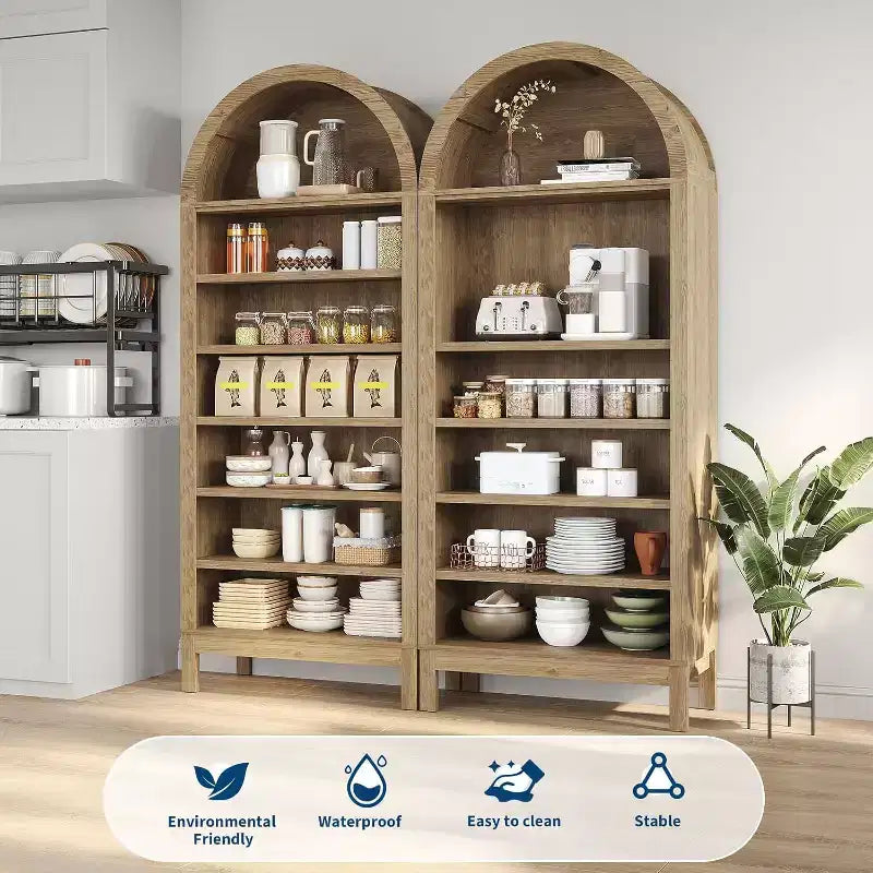 71-Inch Tall Arched Shoe Storage Cabinet, 7-Tier Adjustable Shelf Organizer, Freestanding Shoe Rack for Hallway Entry Living Room, Oak Finish