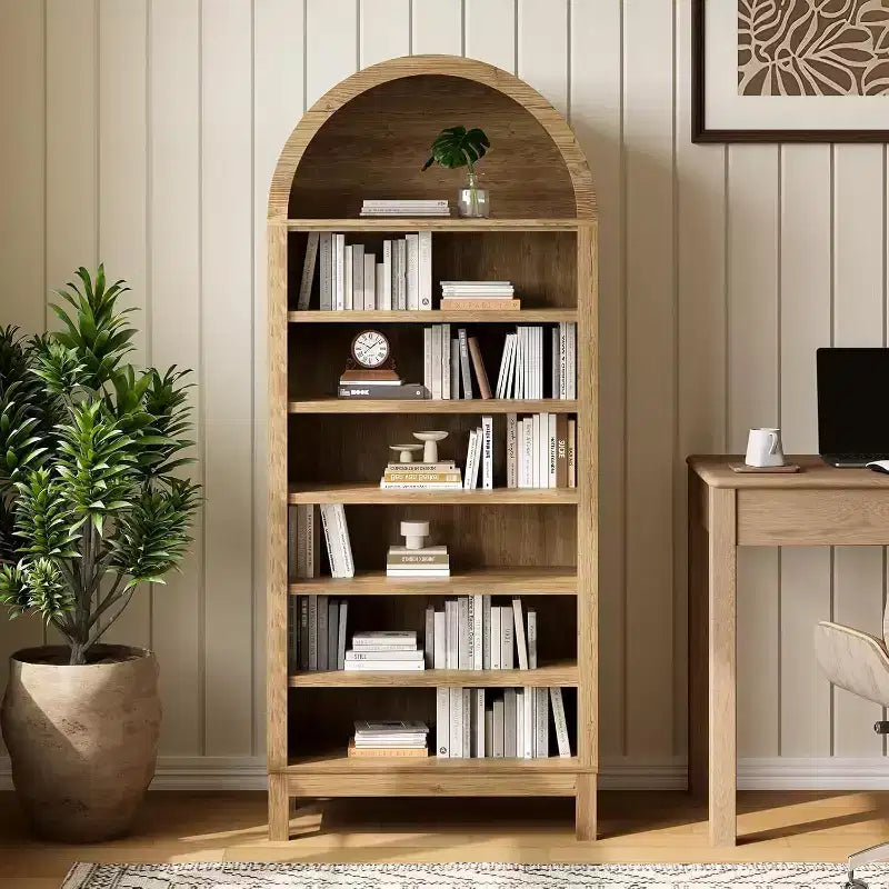 71-Inch Tall Arched Shoe Storage Cabinet, 7-Tier Adjustable Shelf Organizer, Freestanding Shoe Rack for Hallway Entry Living Room, Oak Finish