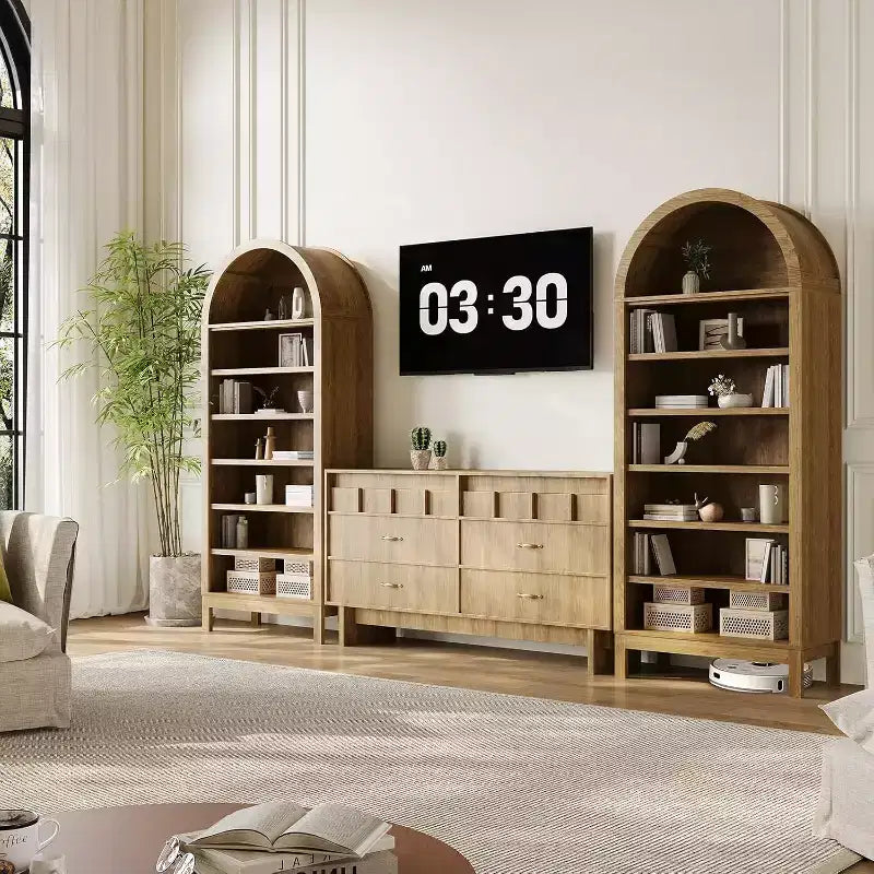 71-Inch Tall Arched Shoe Storage Cabinet, 7-Tier Adjustable Shelf Organizer, Freestanding Shoe Rack for Hallway Entry Living Room, Oak Finish
