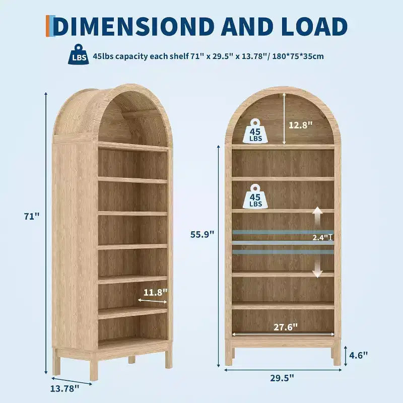 71-Inch Tall Arched Shoe Storage Cabinet, 7-Tier Adjustable Shelf Organizer, Freestanding Shoe Rack for Hallway Entry Living Room, Oak Finish