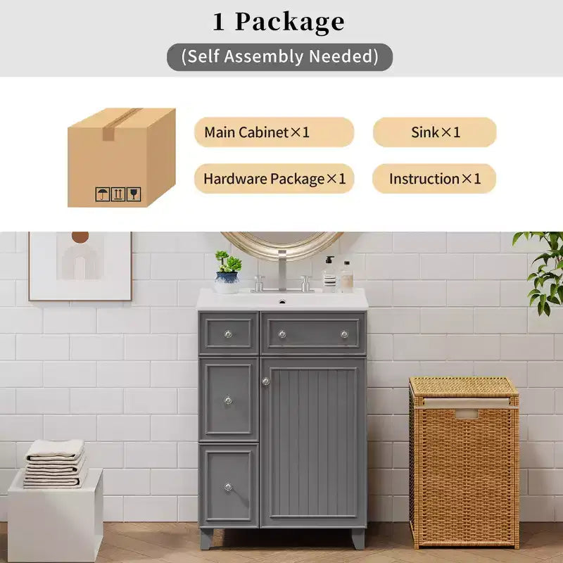 24 Small Bathroom Vanity Sink Combo with 2 Drawers, Wood Bathroom Storage Cabinet with Soft-Close Door