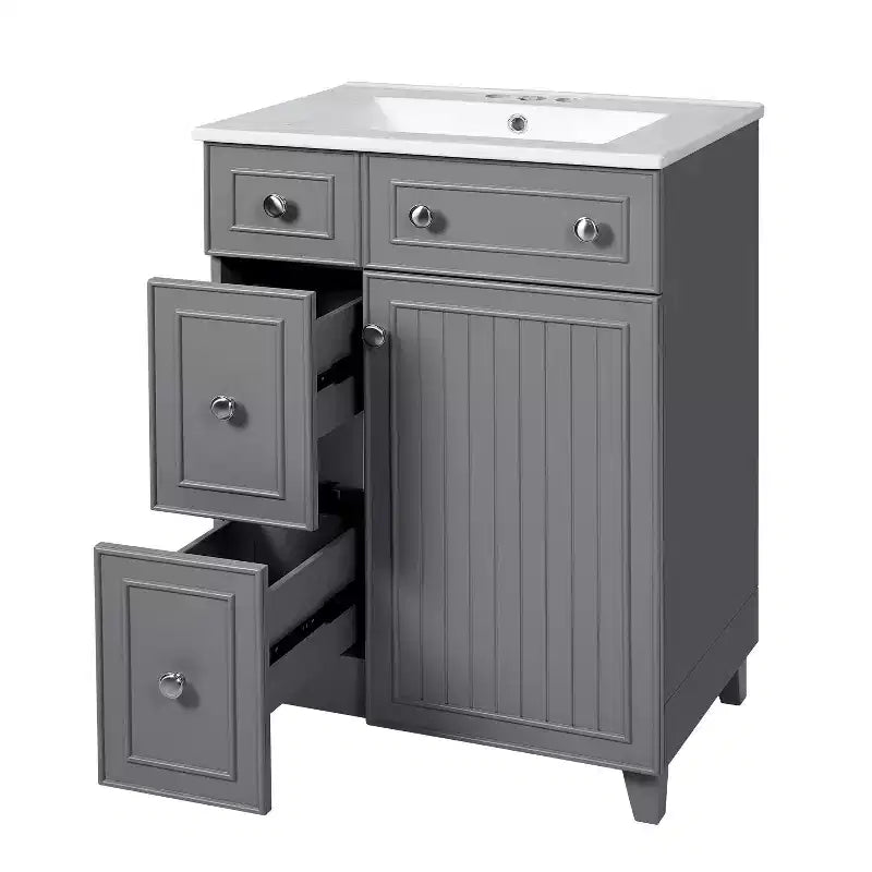 24 Small Bathroom Vanity Sink Combo with 2 Drawers, Wood Bathroom Storage Cabinet with Soft-Close Door