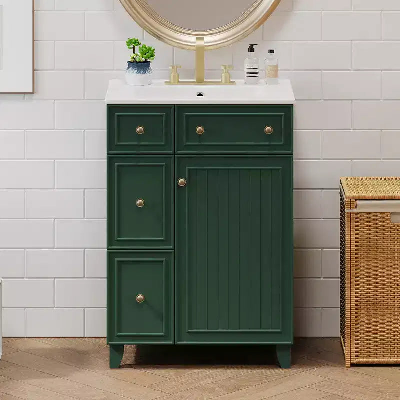 24 Small Bathroom Vanity Sink Combo with 2 Drawers, Wood Bathroom Storage Cabinet with Soft-Close Door