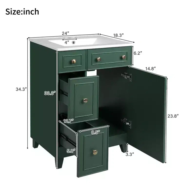 24 Small Bathroom Vanity Sink Combo with 2 Drawers, Wood Bathroom Storage Cabinet with Soft-Close Door