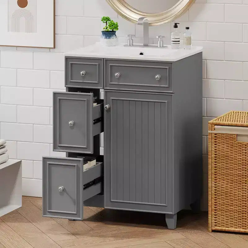 24 Small Bathroom Vanity Sink Combo with 2 Drawers, Wood Bathroom Storage Cabinet with Soft-Close Door