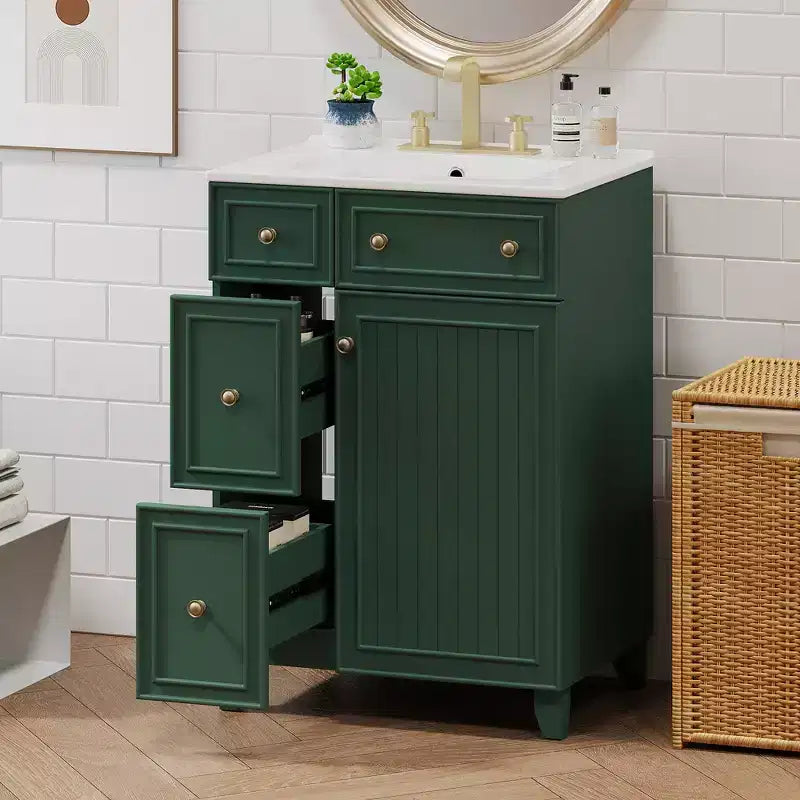 24 Small Bathroom Vanity Sink Combo with 2 Drawers, Wood Bathroom Storage Cabinet with Soft-Close Door