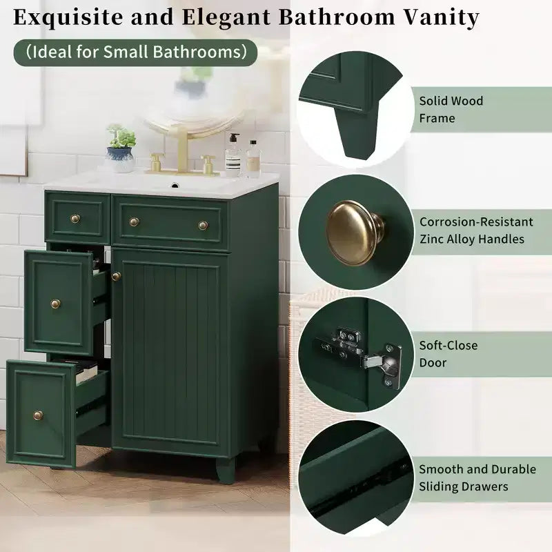 24 Small Bathroom Vanity Sink Combo with 2 Drawers, Wood Bathroom Storage Cabinet with Soft-Close Door