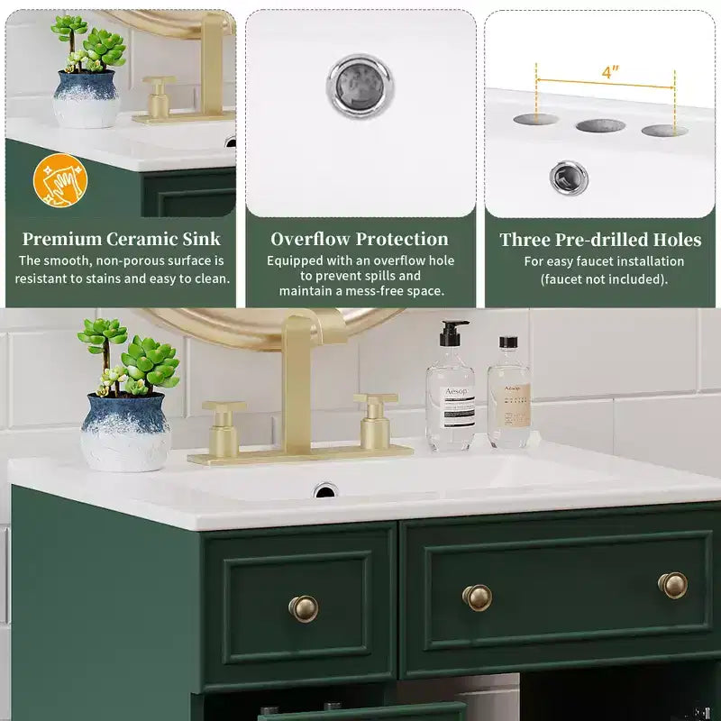 24 Small Bathroom Vanity Sink Combo with 2 Drawers, Wood Bathroom Storage Cabinet with Soft-Close Door
