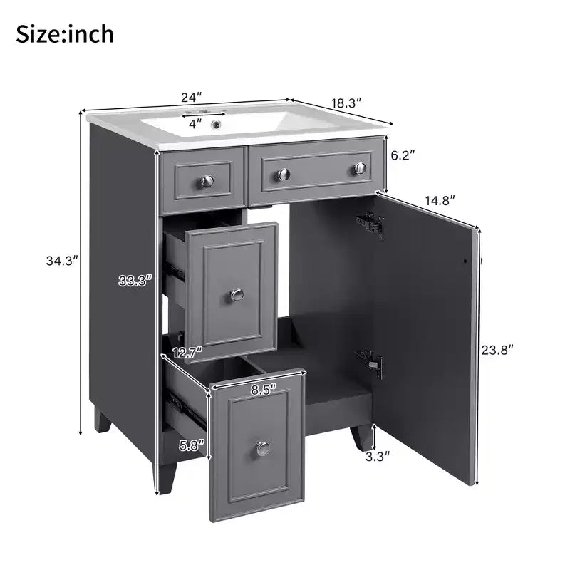 24 Small Bathroom Vanity Sink Combo with 2 Drawers, Wood Bathroom Storage Cabinet with Soft-Close Door