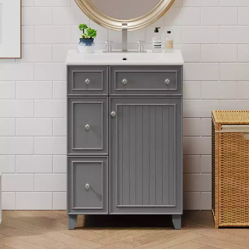 24 Small Bathroom Vanity Sink Combo with 2 Drawers, Wood Bathroom Storage Cabinet with Soft-Close Door
