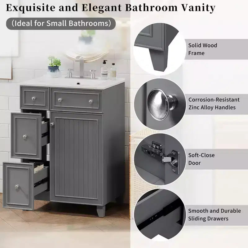 24 Small Bathroom Vanity Sink Combo with 2 Drawers, Wood Bathroom Storage Cabinet with Soft-Close Door