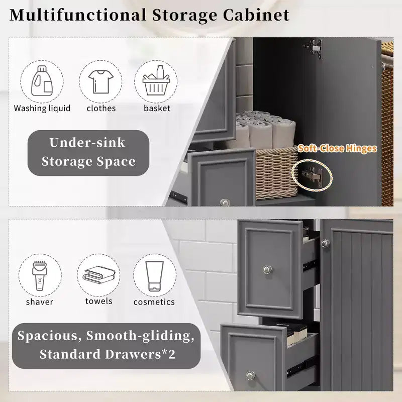 24 Small Bathroom Vanity Sink Combo with 2 Drawers, Wood Bathroom Storage Cabinet with Soft-Close Door