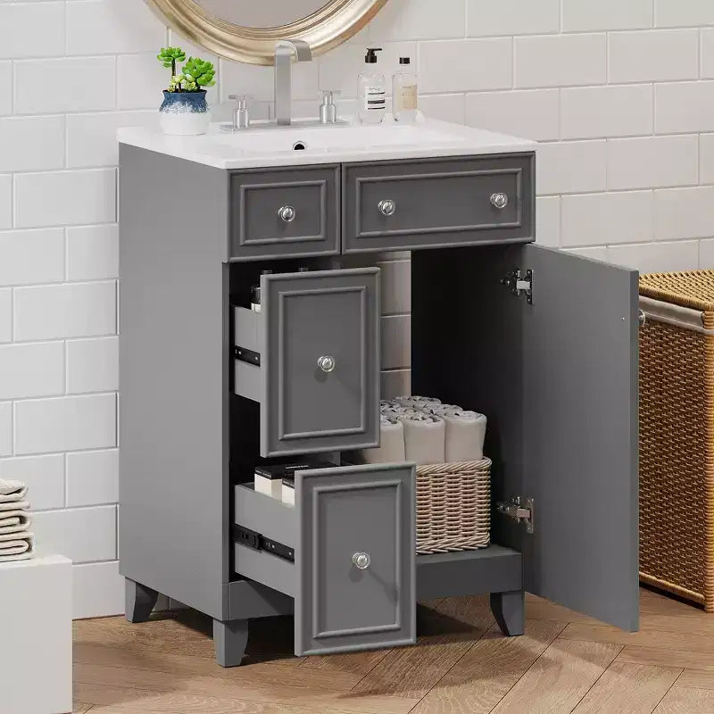 24 Small Bathroom Vanity Sink Combo with 2 Drawers, Wood Bathroom Storage Cabinet with Soft-Close Door
