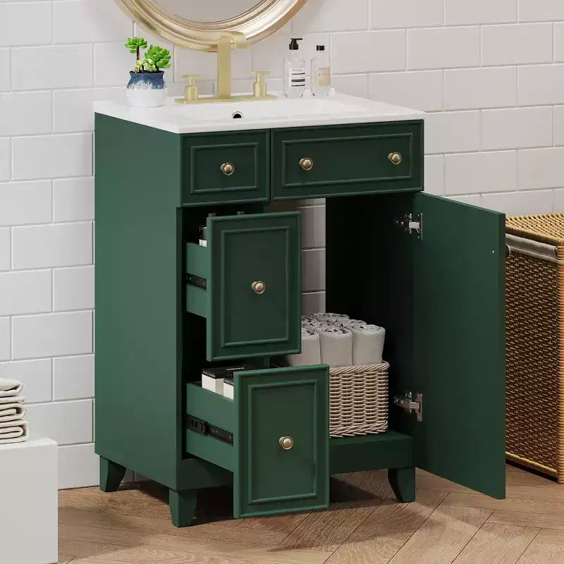 24 Small Bathroom Vanity Sink Combo with 2 Drawers, Wood Bathroom Storage Cabinet with Soft-Close Door