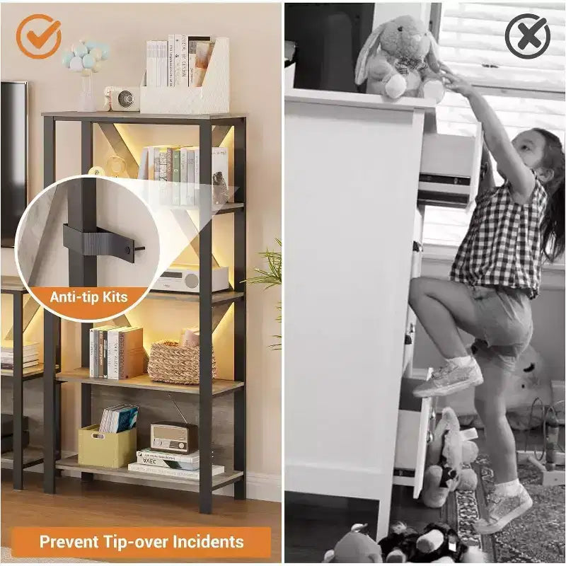 Industrial Metal Bookshelf with LED Lights Heavy Duty Open Bookcase & Display Organizer for Bedroom, Office, Living Room