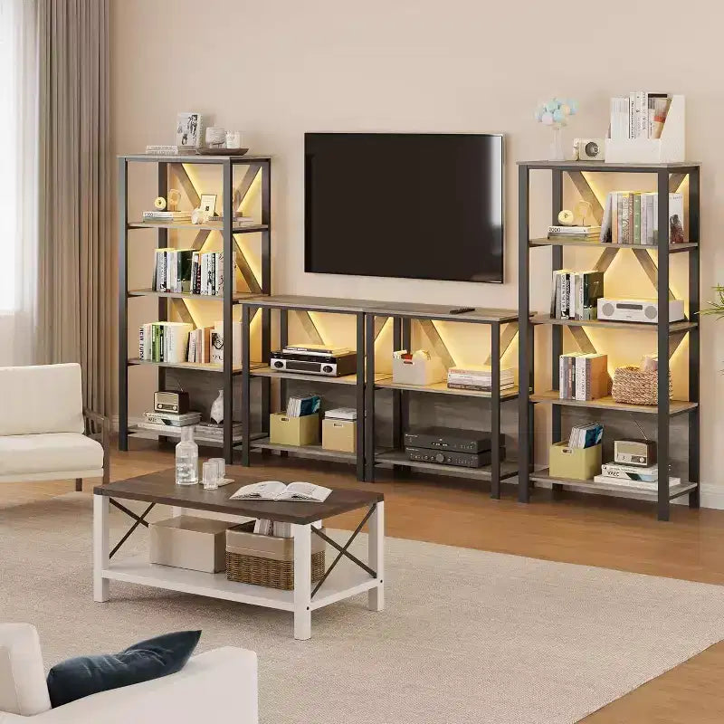 Industrial Metal Bookshelf with LED Lights Heavy Duty Open Bookcase & Display Organizer for Bedroom, Office, Living Room