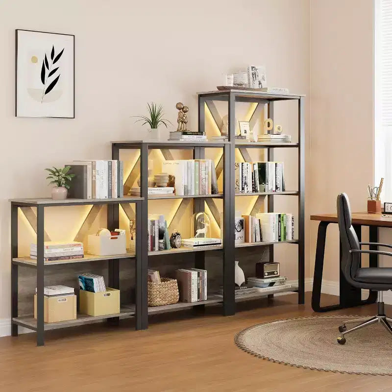 Industrial Metal Bookshelf with LED Lights Heavy Duty Open Bookcase & Display Organizer for Bedroom, Office, Living Room