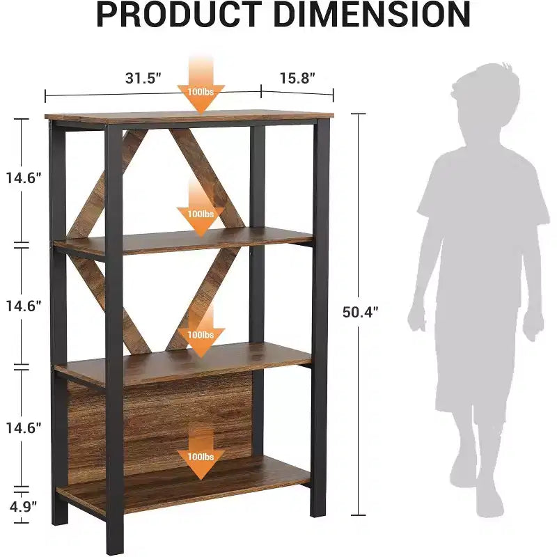 Industrial Metal Bookshelf with LED Lights Heavy Duty Open Bookcase & Display Organizer for Bedroom, Office, Living Room