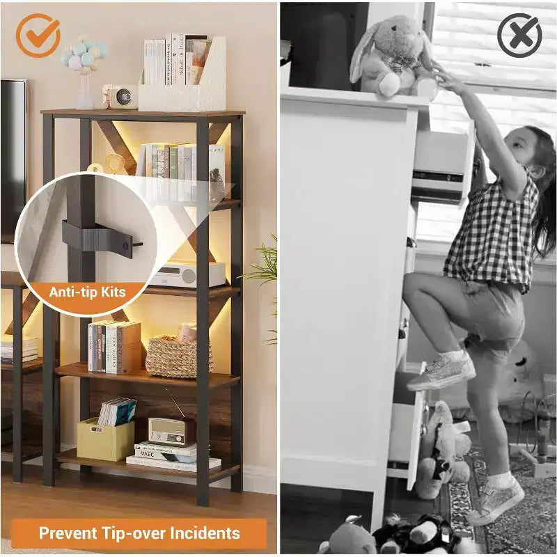 Industrial Metal Bookshelf with LED Lights Heavy Duty Open Bookcase & Display Organizer for Bedroom, Office, Living Room