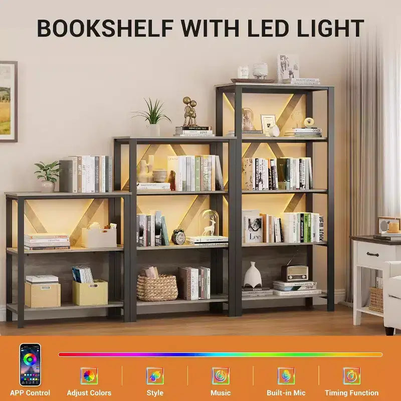 Industrial Metal Bookshelf with LED Lights Heavy Duty Open Bookcase & Display Organizer for Bedroom, Office, Living Room