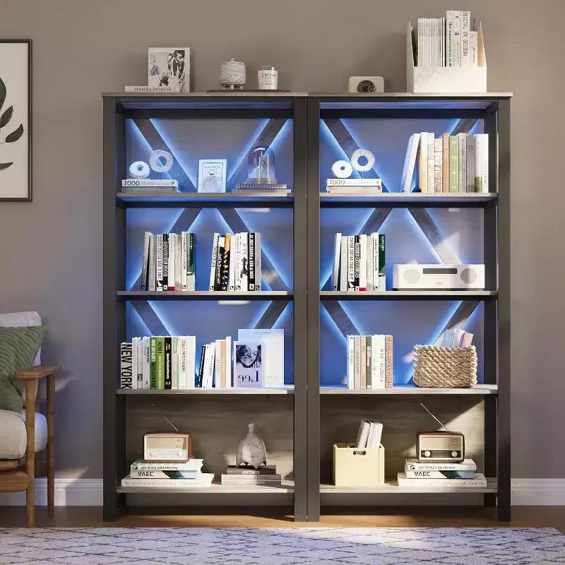 Industrial Metal Bookshelf with LED Lights Heavy Duty Open Bookcase & Display Organizer for Bedroom, Office, Living Room