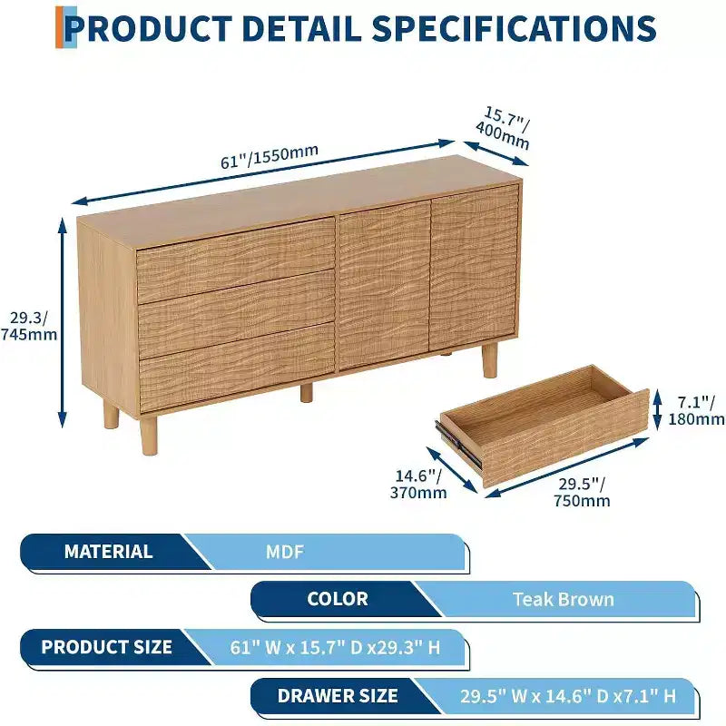 Wooden kitchen storage cabinet with 3 drawers and 2 doors, suitable for the living room