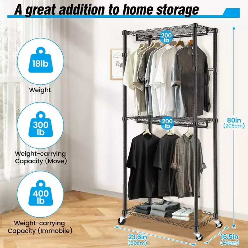 Homdox Heavy Duty Rolling Garment Rack Double Rod with Shelves Portable Clothes Rack Lockable Wheels 250LBS Black