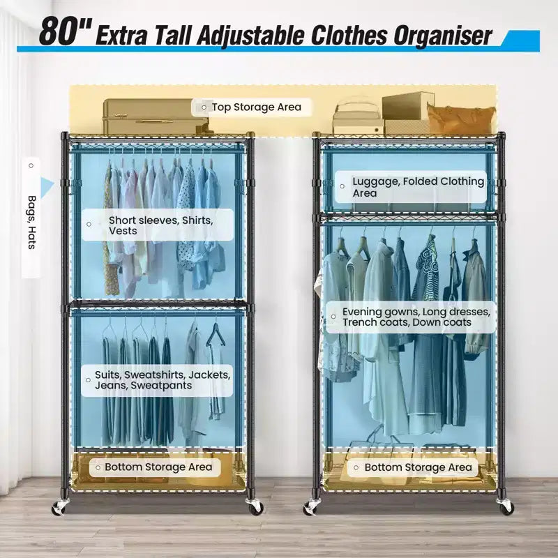 Homdox Heavy Duty Rolling Garment Rack Double Rod with Shelves Portable Clothes Rack Lockable Wheels 250LBS Black