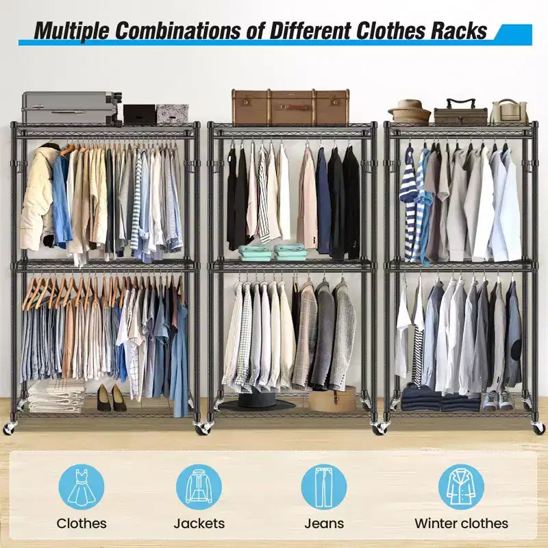 Homdox Heavy Duty Rolling Garment Rack Double Rod with Shelves Portable Clothes Rack Lockable Wheels 250LBS Black