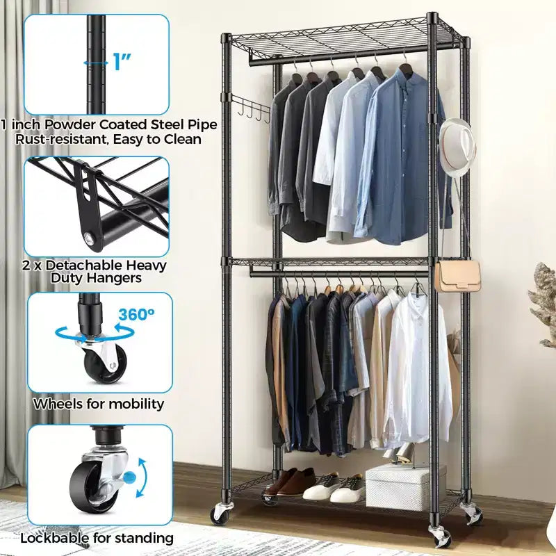 Homdox Heavy Duty Rolling Garment Rack Double Rod with Shelves Portable Clothes Rack Lockable Wheels 250LBS Black