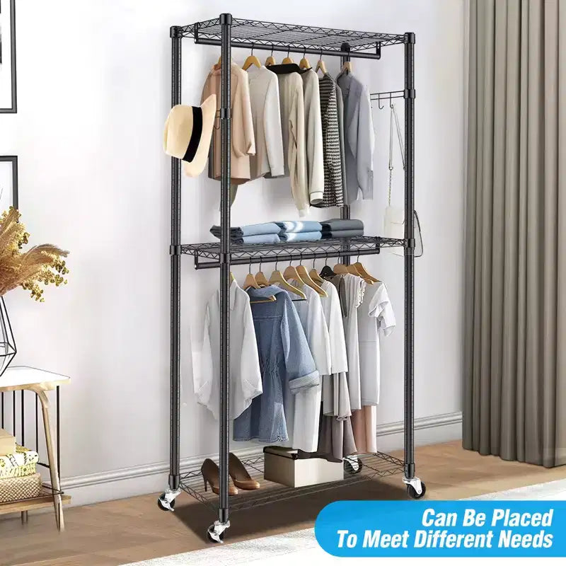 Homdox Heavy Duty Rolling Garment Rack Double Rod with Shelves Portable Clothes Rack Lockable Wheels 250LBS Black