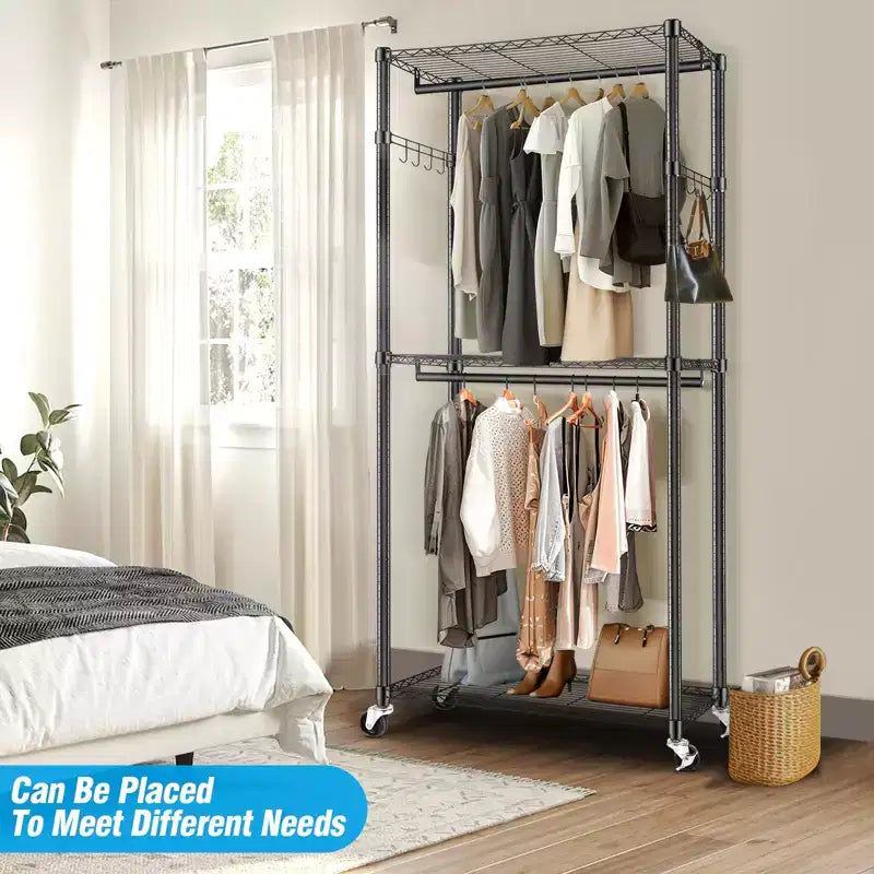 Homdox Heavy Duty Rolling Garment Rack Double Rod with Shelves Portable Clothes Rack Lockable Wheels 250LBS Black