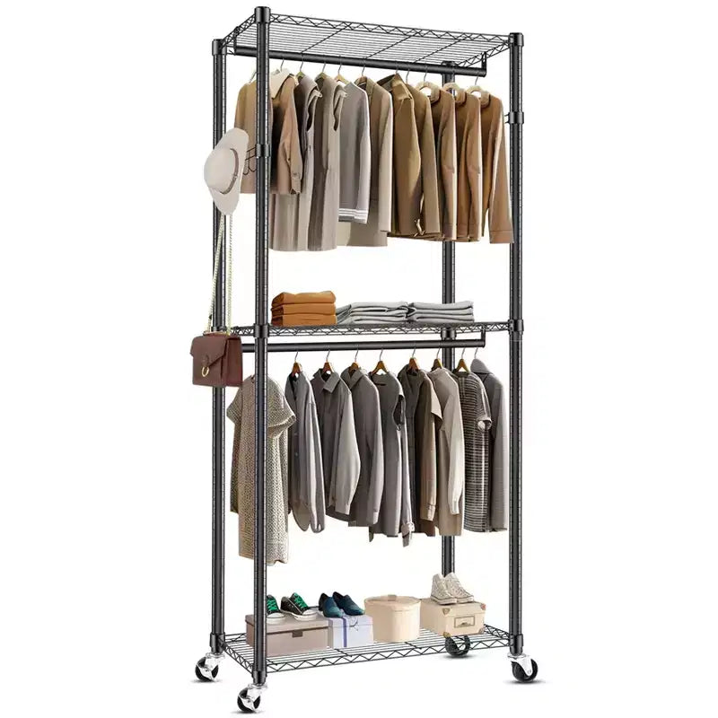 Homdox Heavy Duty Rolling Garment Rack Double Rod with Shelves Portable Clothes Rack Lockable Wheels 250LBS Black