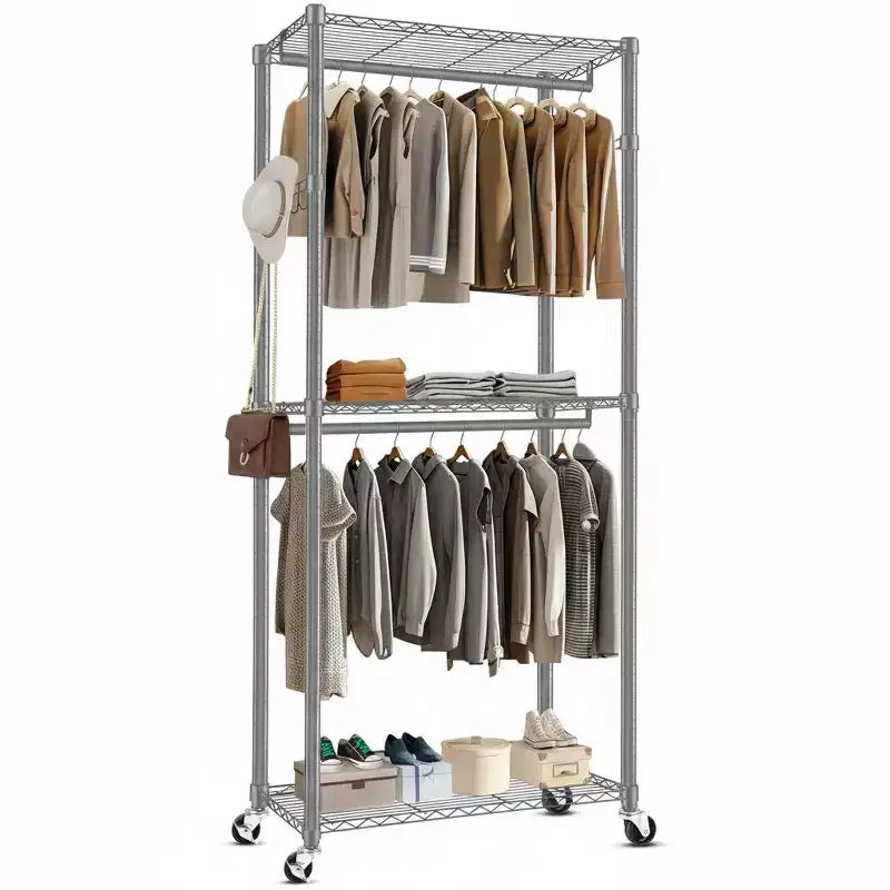 Homdox Heavy Duty Rolling Garment Rack Double Rod with Shelves Portable Clothes Rack Lockable Wheels 250LBS Black