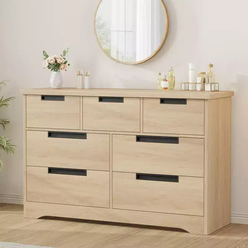 7-Drawer Storage Cabinet, Wooden Country-Style Bedroom Dressing Table, Vintage Design, Suitable for Bedroom, Living Room, Hallway, Natural Color