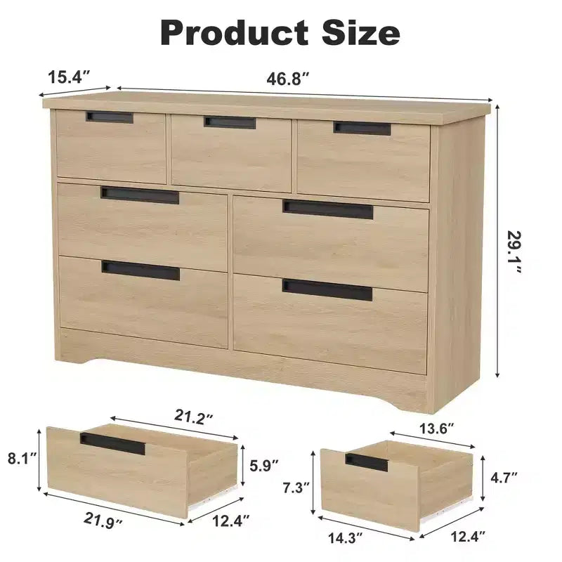 7-Drawer Storage Cabinet, Wooden Country-Style Bedroom Dressing Table, Vintage Design, Suitable for Bedroom, Living Room, Hallway, Natural Color