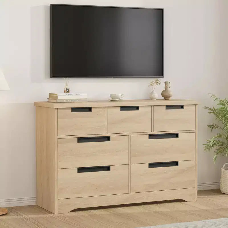 7-Drawer Storage Cabinet, Wooden Country-Style Bedroom Dressing Table, Vintage Design, Suitable for Bedroom, Living Room, Hallway, Natural Color