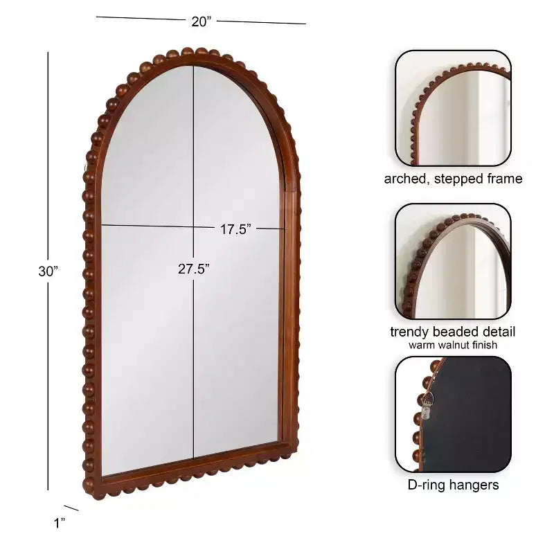 Kate and Laurel Beadbrook Arched Wall Mirror, Walnut Brown, 20x30