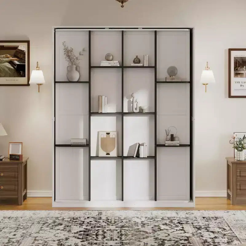 ModernLuxe Queen Size Rotating Murphy Bed Wall Bed, Wood Storage Cabinet Bed Frame with Hidden Storage Racks