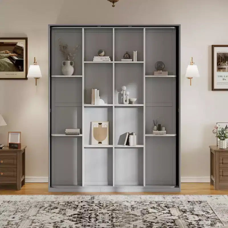 ModernLuxe Queen Size Rotating Murphy Bed Wall Bed, Wood Storage Cabinet Bed Frame with Hidden Storage Racks