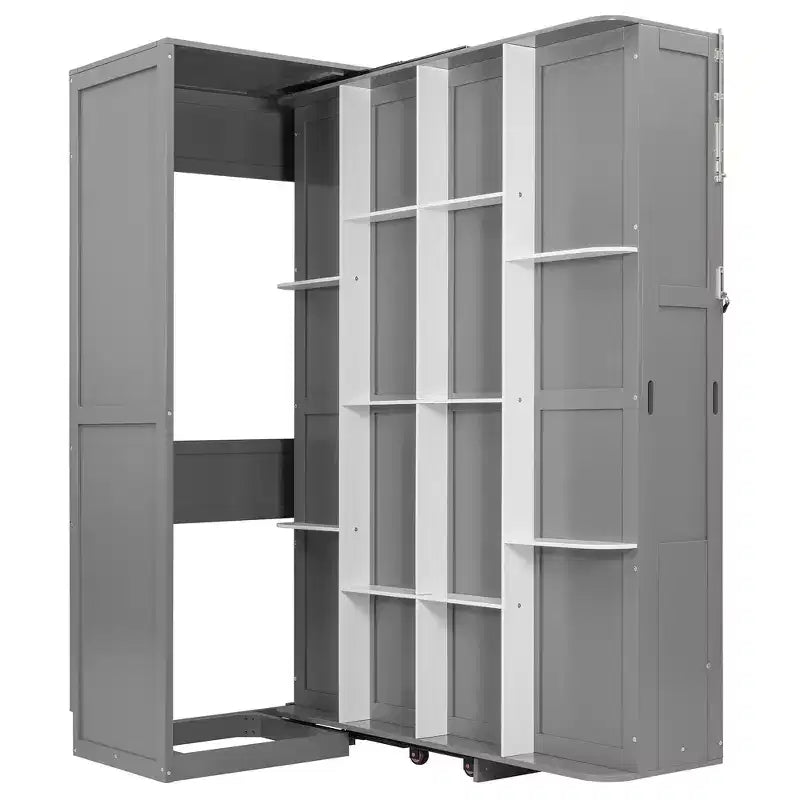 ModernLuxe Queen Size Rotating Murphy Bed Wall Bed, Wood Storage Cabinet Bed Frame with Hidden Storage Racks