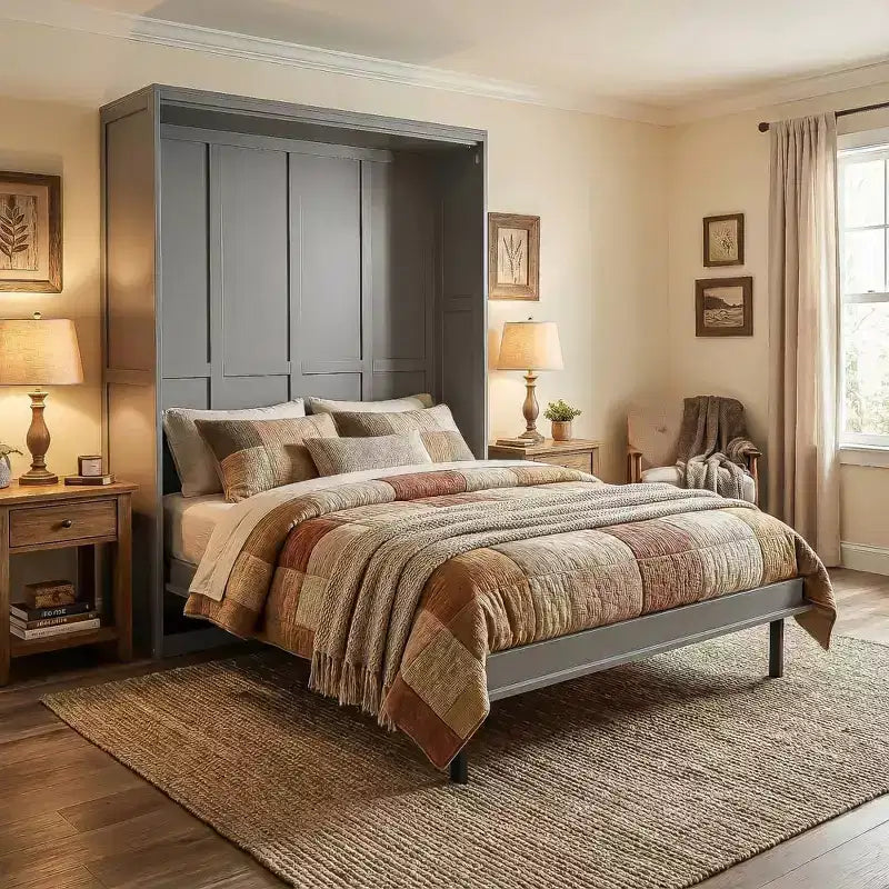 ModernLuxe Queen Size Rotating Murphy Bed Wall Bed, Wood Storage Cabinet Bed Frame with Hidden Storage Racks