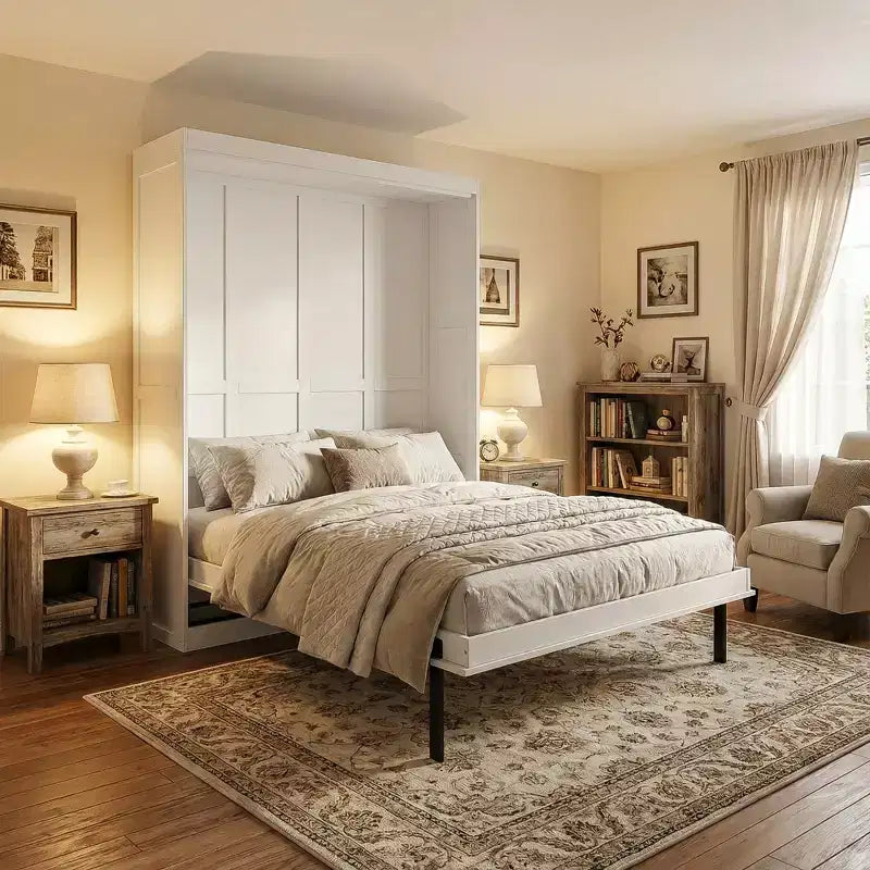 ModernLuxe Queen Size Rotating Murphy Bed Wall Bed, Wood Storage Cabinet Bed Frame with Hidden Storage Racks