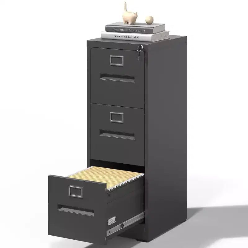VIYET 40H 3-Drawer Narrow Metal Vertical File Cabinet with Lock, Black Steel Filing Cabinet for Home Office, Fits A4/Legal/Letter (Assembly Required)