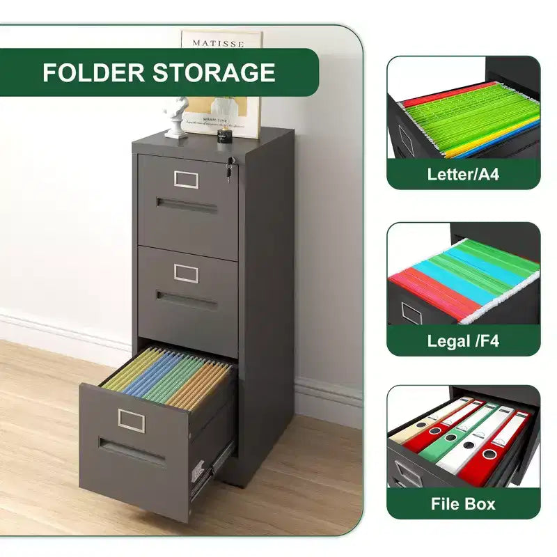 VIYET 40H 3-Drawer Narrow Metal Vertical File Cabinet with Lock, Black Steel Filing Cabinet for Home Office, Fits A4/Legal/Letter (Assembly Required)